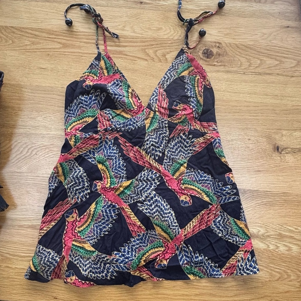FARM Rio Black Parrot Print Halter Cami Tank with Tie Straps  (M)